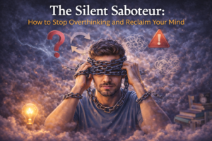 Illustration of a stressed man surrounded by chaotic thoughts and storm clouds, symbolizing overthinking and the struggle to regain mental clarity.