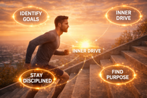 Motivational image of a determined man running up stairs at sunset, symbolizing the psychology of motivation and unlocking inner drive for lasting success.