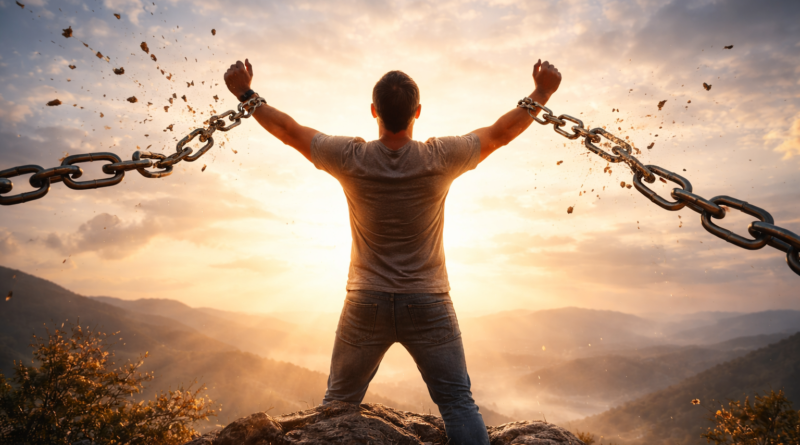 A person standing in symbolic chains, representing self-sabotage and the journey toward freedom, healing, and personal growth.