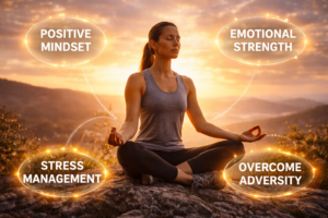 Woman meditating at sunset on a mountain, symbolizing building mental resilience, emotional strength, stress management, and overcoming adversity.