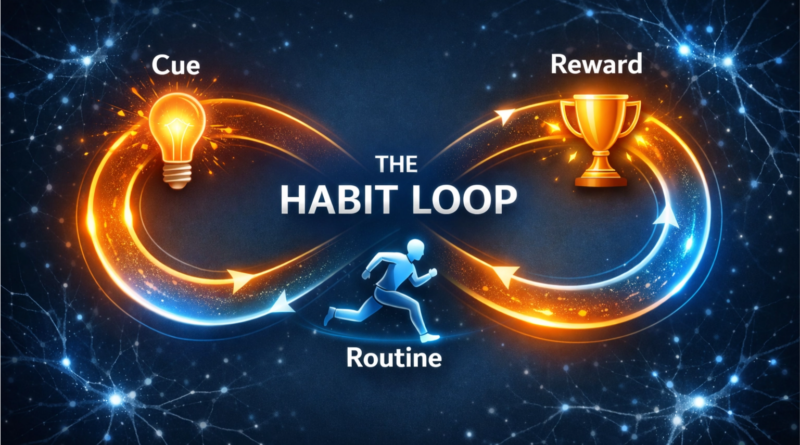 Illustration showing the psychology of habits with a brain, symbols of good routines and bad habits, representing how to build better routines and break bad ones.