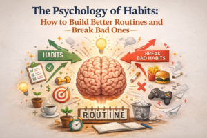 Visual representation of habit psychology featuring a brain surrounded by positive routines and negative behaviors, illustrating how to develop good habits and eliminate bad ones.