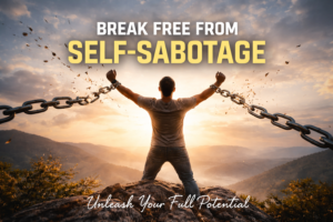 A person standing in symbolic chains, representing self-sabotage