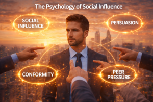 Image illustrating social influence psychology, showing a man surrounded by peer pressure, persuasion, and conformity, representing how social influence shapes human behavior.