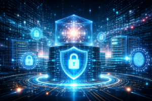 Quantum computing technology visualized with secure data networks and cybersecurity systems in a high-tech environment.