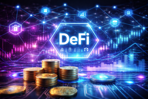 Concept image showing decentralized finance defi in 2026 , blockchain technology, and cryptocurrency innovation shaping the future of finance.