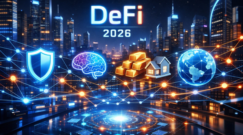 Illustration representing the future of decentralized finance (DeFi) with blockchain networks, digital coins, and financial technology concepts