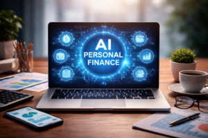 Modern workspace with AI personal finance dashboard showing budgeting, analytics, and financial planning tools.