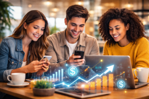 Gen Z and Millennials managing digital investments with apps and financial tools, illustrating the future of investing and wealth transfer.
