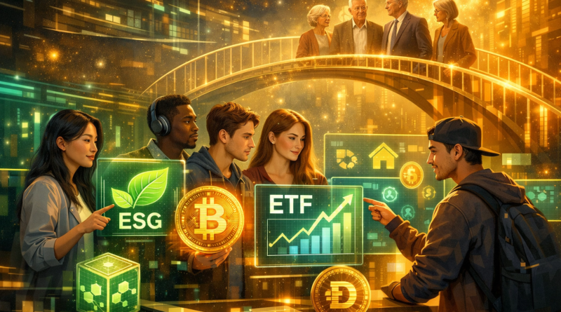 Young investors using smartphones and laptops to manage investments, representing the great wealth transfer and modern financial trends.