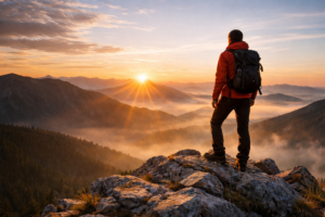 person standing on a mountain peak at sunrise representing the psychology of resilience and overcoming adversity