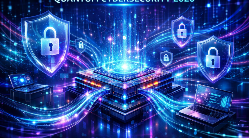 Futuristic concept of quantum computing protecting cybersecurity with digital networks, encryption, and advanced technology.